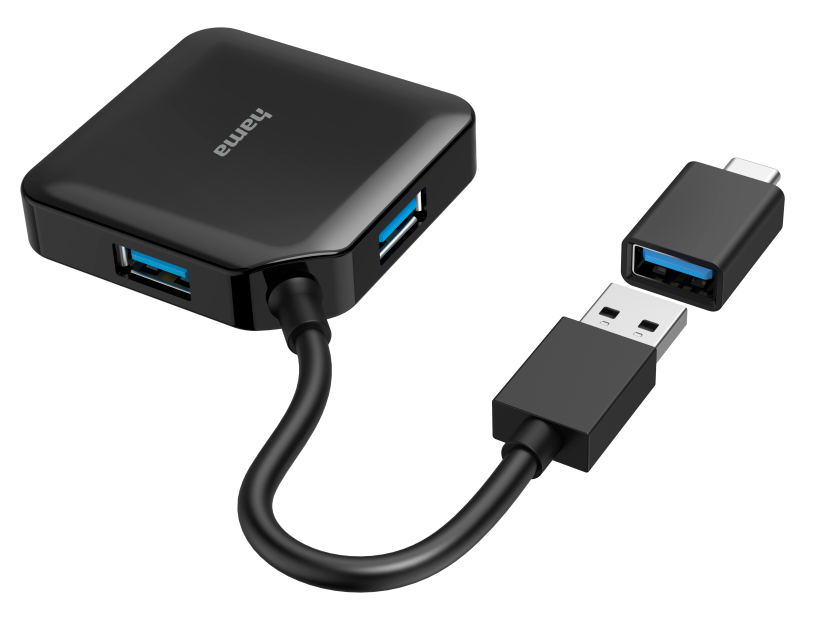 Fekete USB hub USB-A és USB-C csatlakozókkal, izolált.