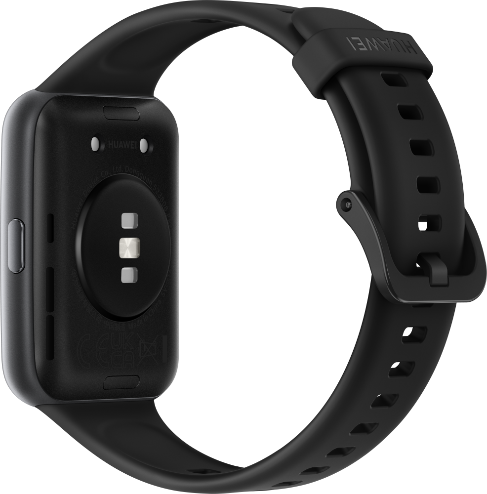 Zwarte Huawei smartwatch, achteraanzicht, zwarte band. Hartslagsensor zichtbaar.