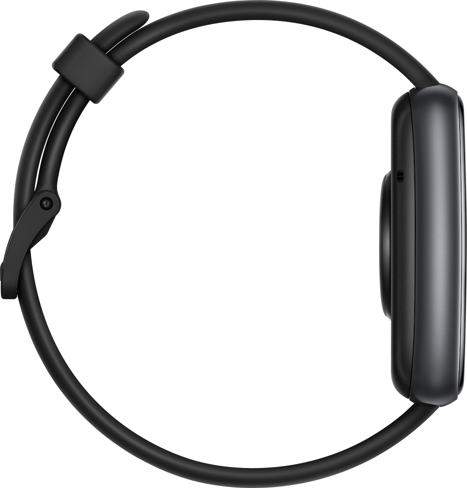 Zwarte smartwatch met zwarte band, zijaanzicht, op zwarte achtergrond.