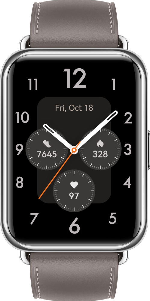 Une montre intelligente avec un écran noir affichant l'heure et les mesures de santé, sur un bracelet gris.