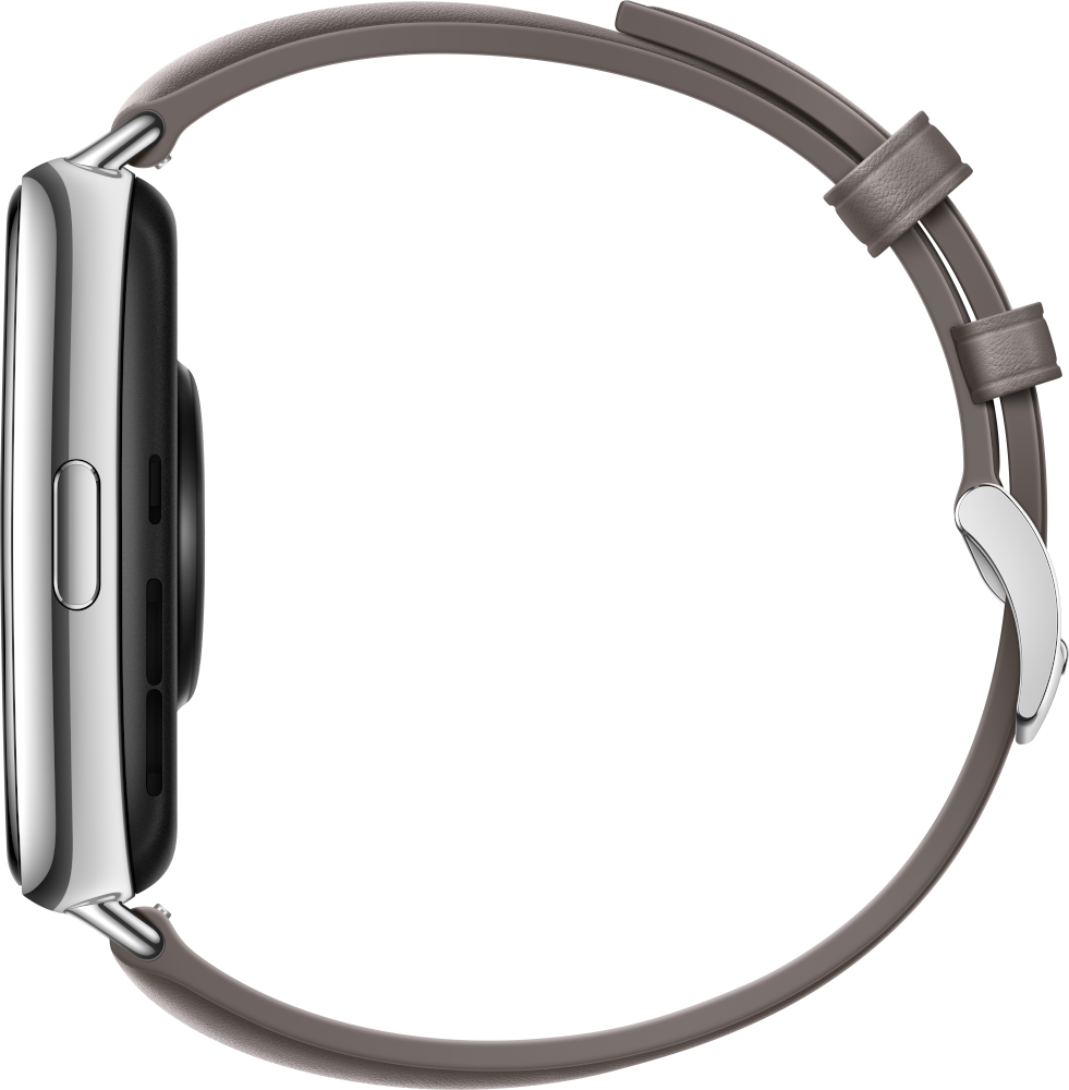 Vue latérale d'une montre connectée argentée avec bracelet gris, sur fond noir.
