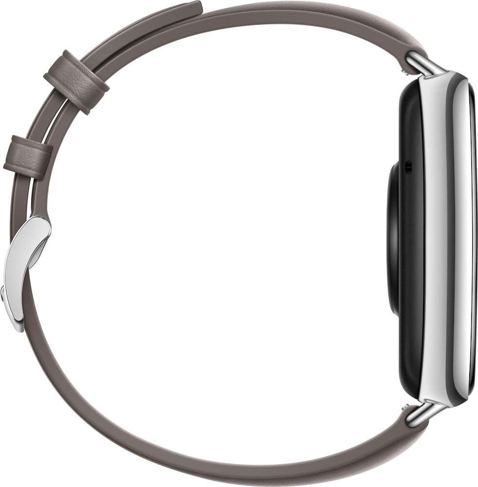 Vue latérale d'une montre connectée grise avec un bracelet gris sur fond noir.