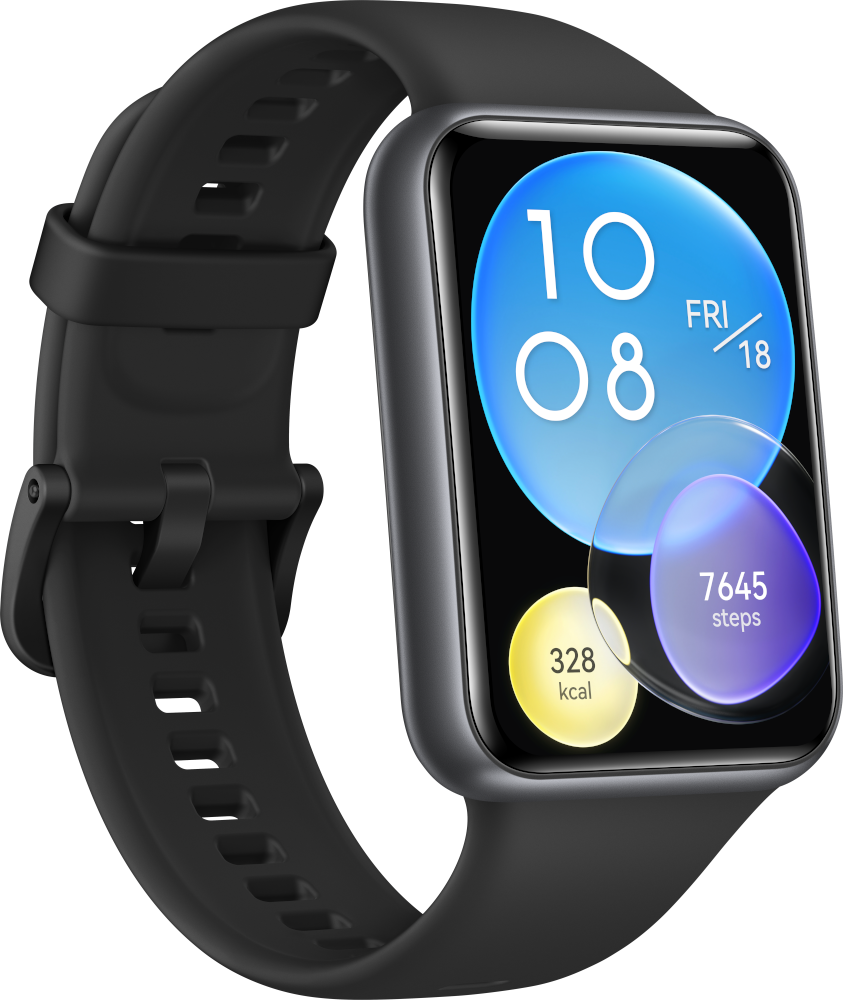 Zwarte smartwatch met een digitaal display dat de tijd en activiteitsmetingen weergeeft, met een zwarte band.