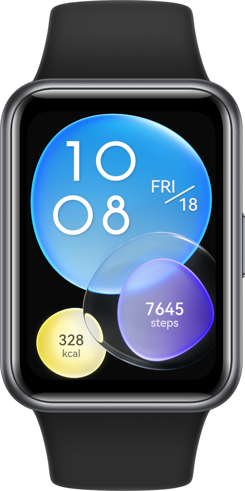 Smartwatch met zwarte band, toont tijd, datum en activiteitsstatistieken: stappen, calorieën.