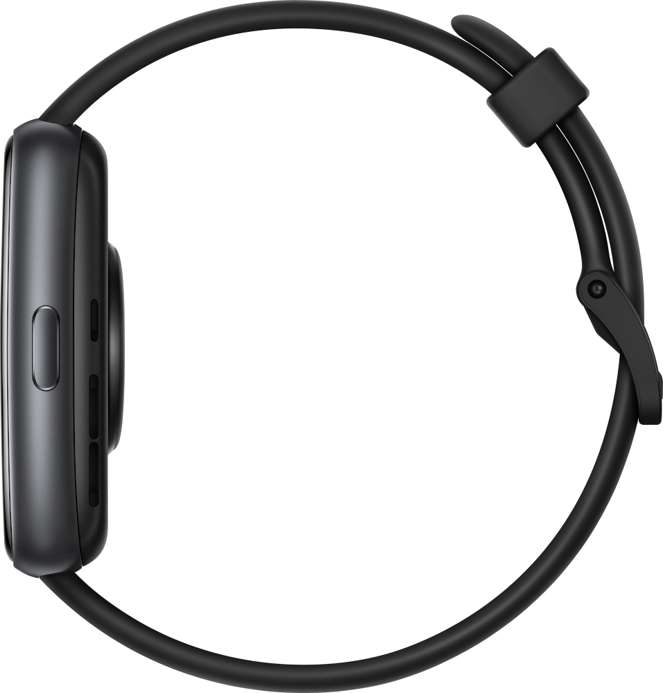 Een zwarte smartwatch. De zijaanzicht toont knoppen en de gebogen band.