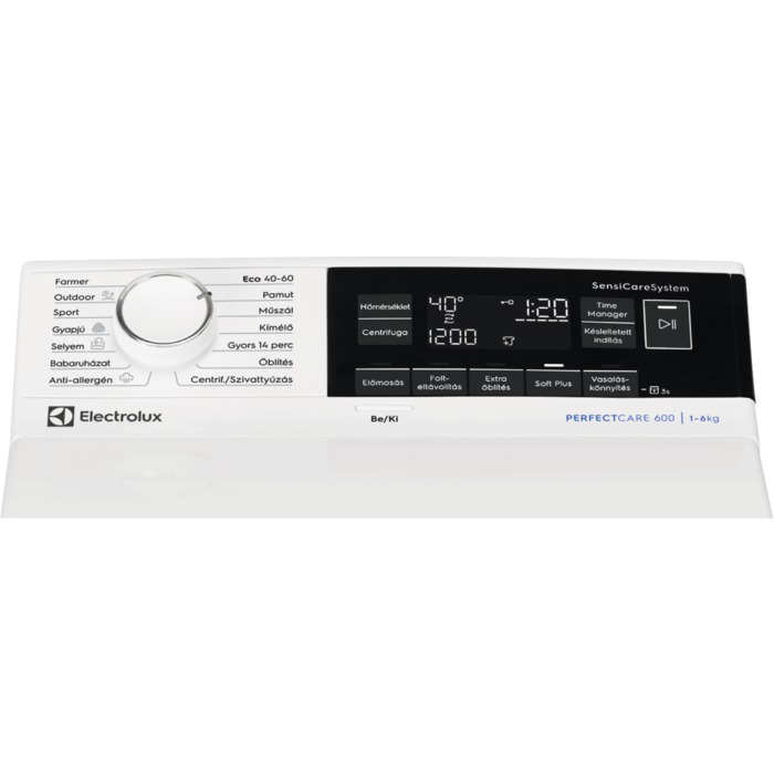 Electrolux mosógép vezérlőpanel, fehér tárcsákkal és digitális kijelzővel.