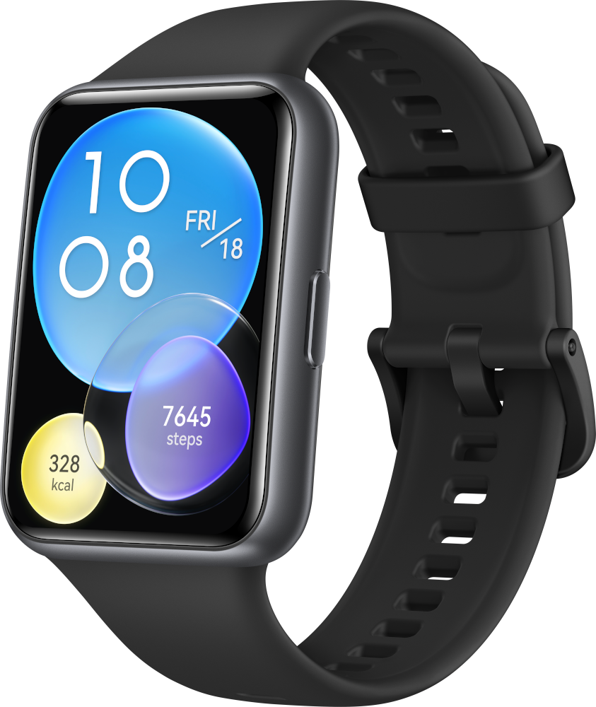 Smartwatch met een zwarte band, met datum, tijd, stappen en verbrande calorieën, op een zwarte achtergrond.