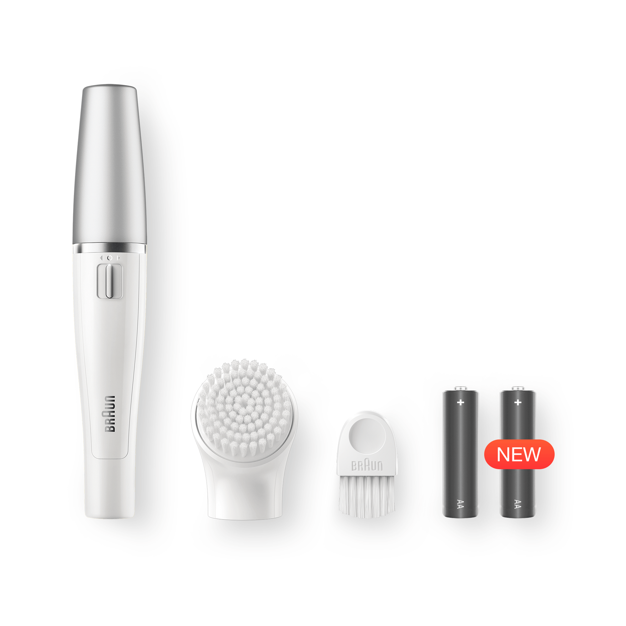 Braun gezichtsepilatorset met accessoires en batterijen. Nieuw label zichtbaar.