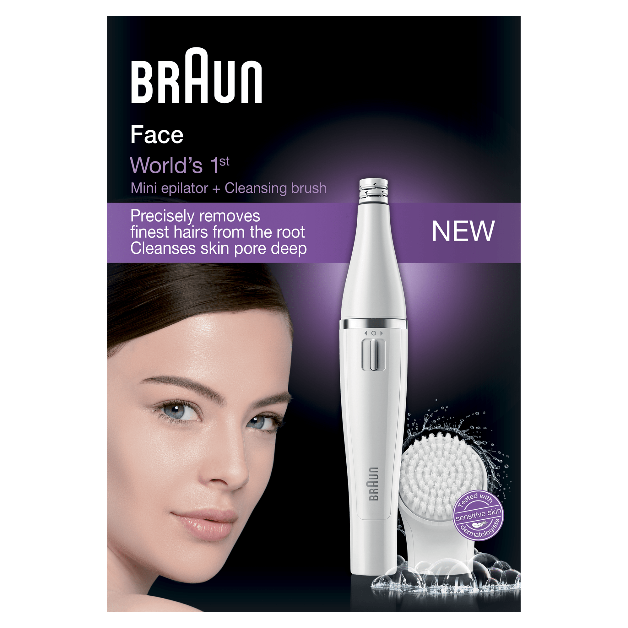 Braun Face epilator advertentie. Vrouwengezicht, witte epilator en reinigingsborstel set.