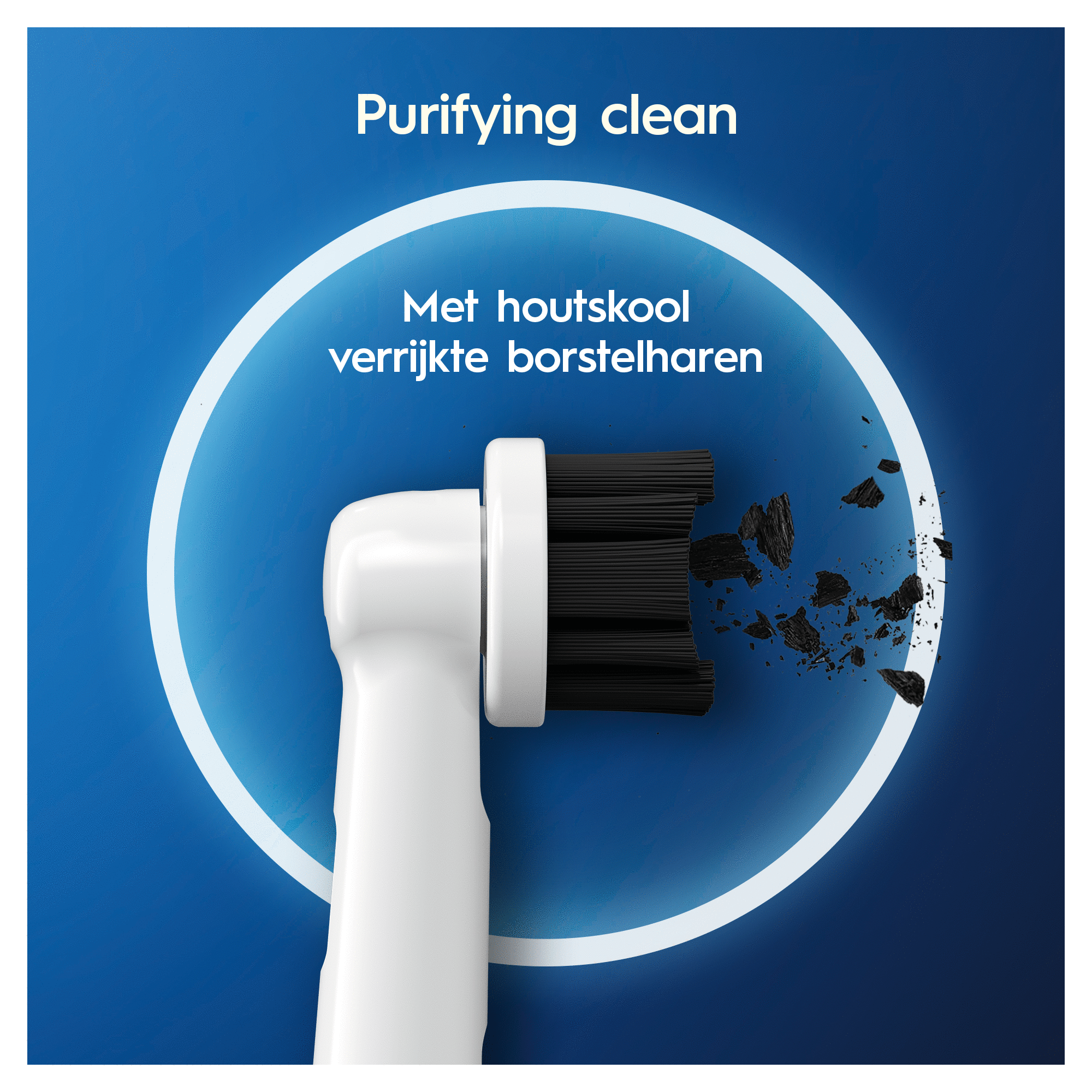 White toothbrush head with black bristles, surrounded by a blue circle and text.