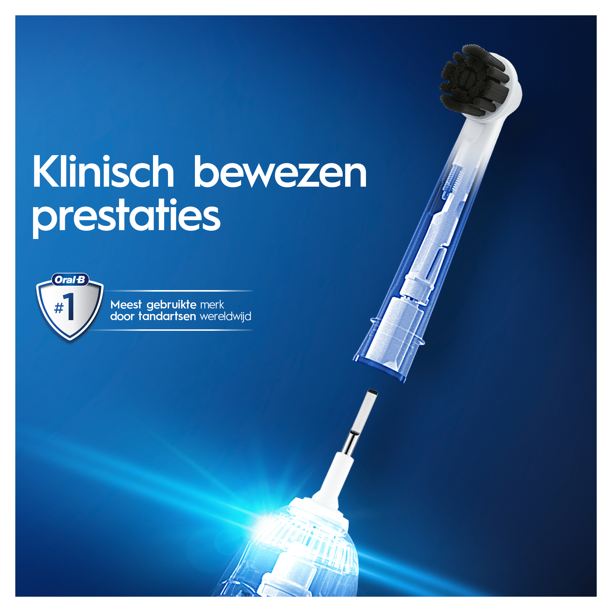 Electric toothbrush head close up. Clear and white parts are visible. Blue background.