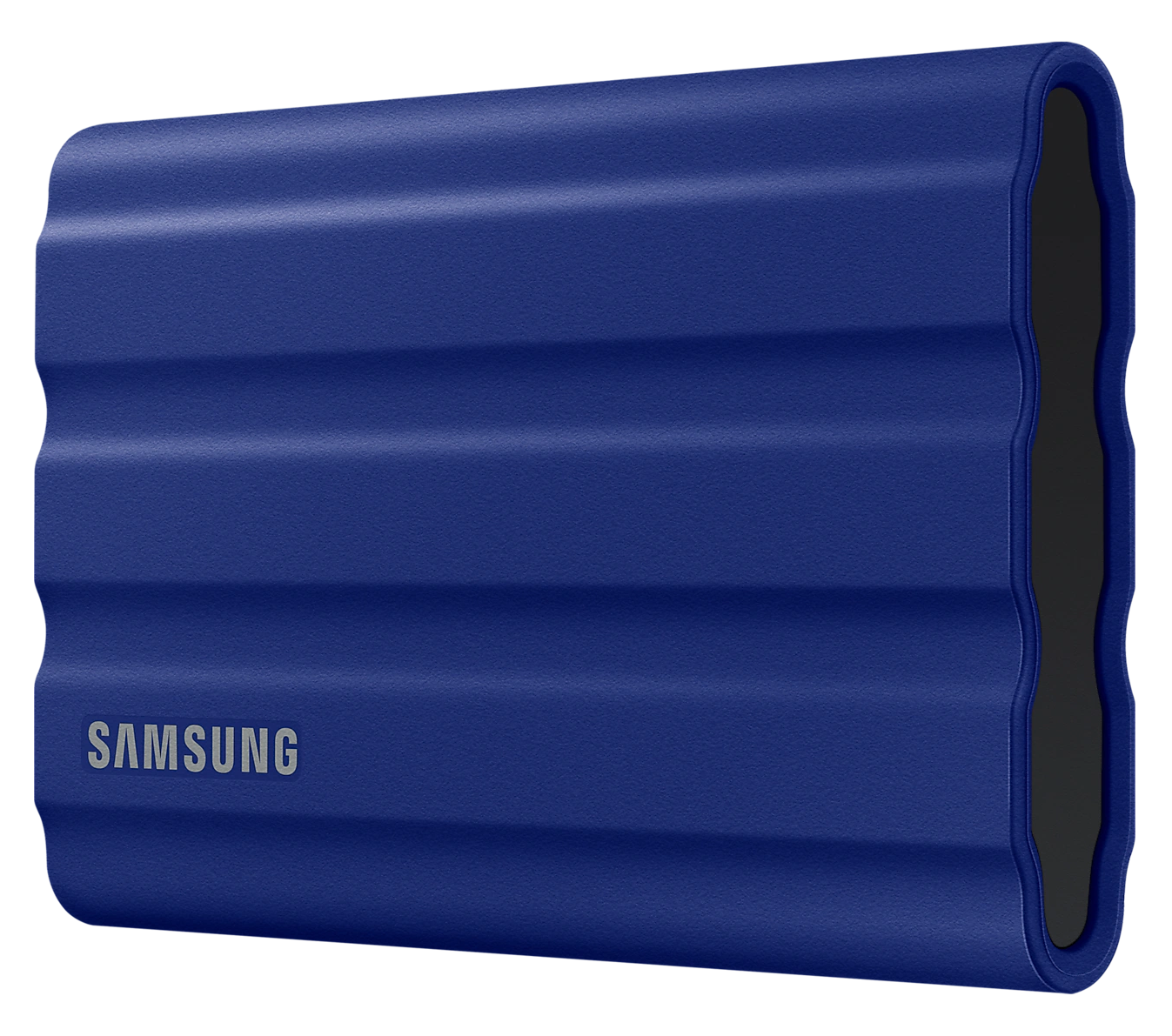 Egy kék Samsung hordozható merevlemez bordázott kialakítással. A merevlemezen a Samsung felirat látható.