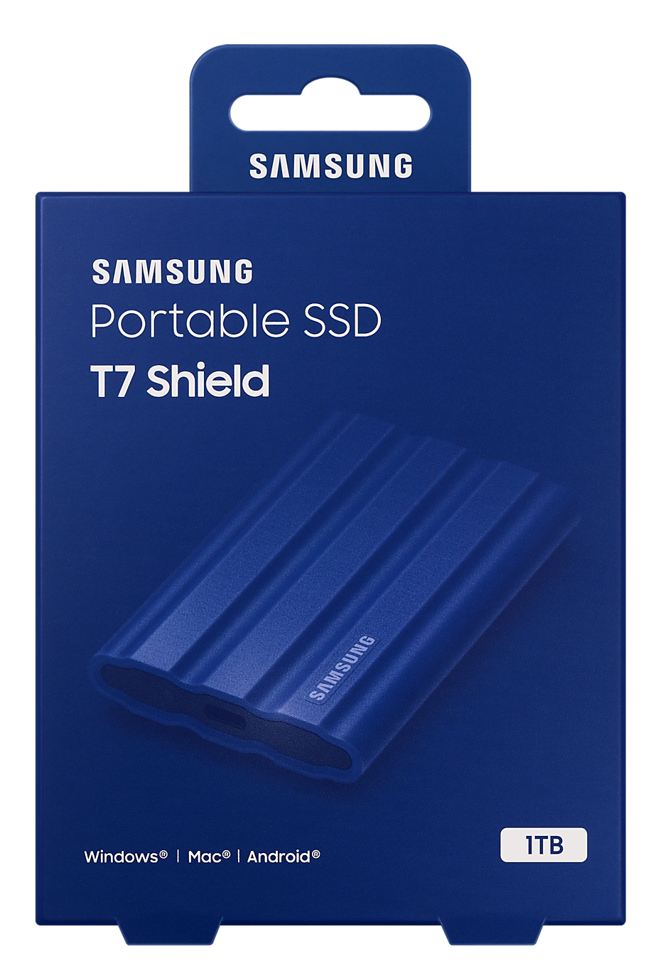 Kék SSD doboz a termékkel, szöveg a dobozon, fekete háttér.