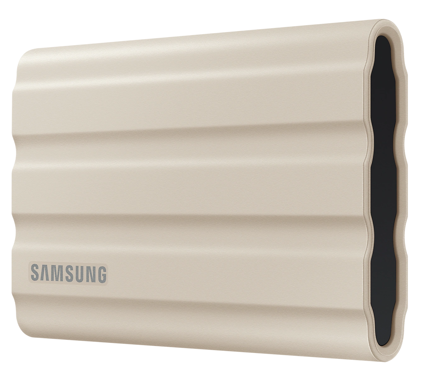 Bézs színű külső merevlemez bordázott kialakítással és Samsung logóval.