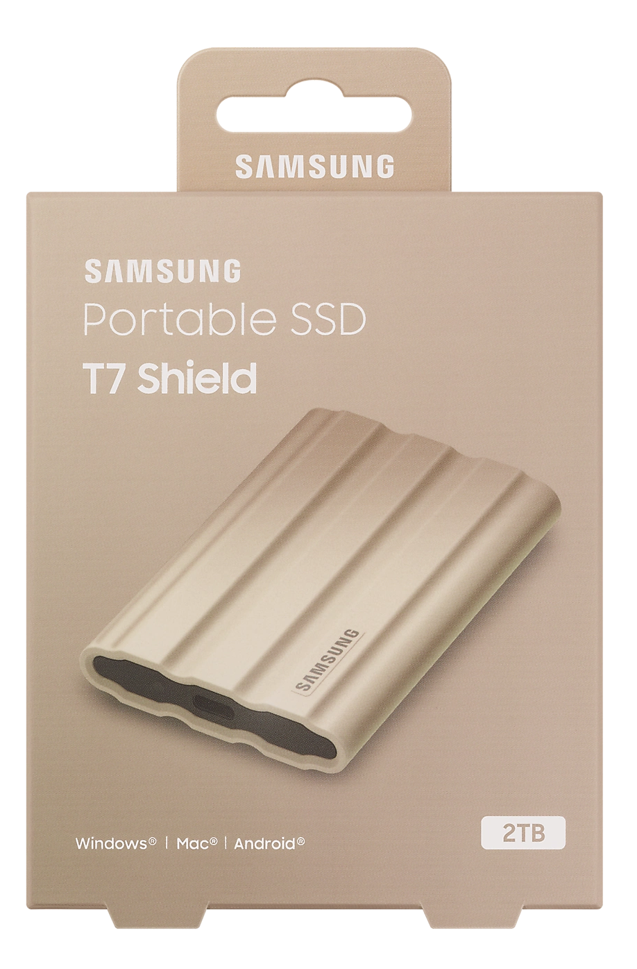 Samsung Portable SSD T7 Shield doboza. Tartalmazza az SSD-t és a termékinformációkat.