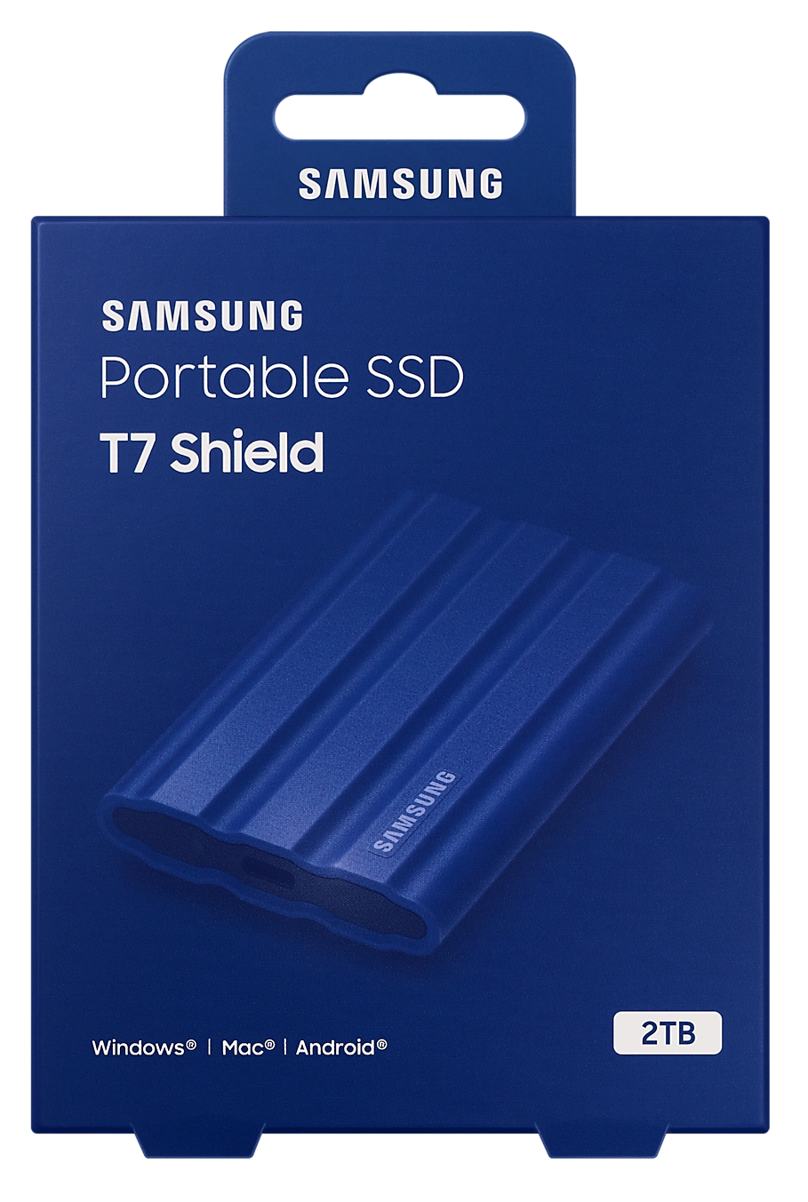 Kék Samsung Portable SSD doboz. Egy kék külső merevlemez látható a dobozban.
