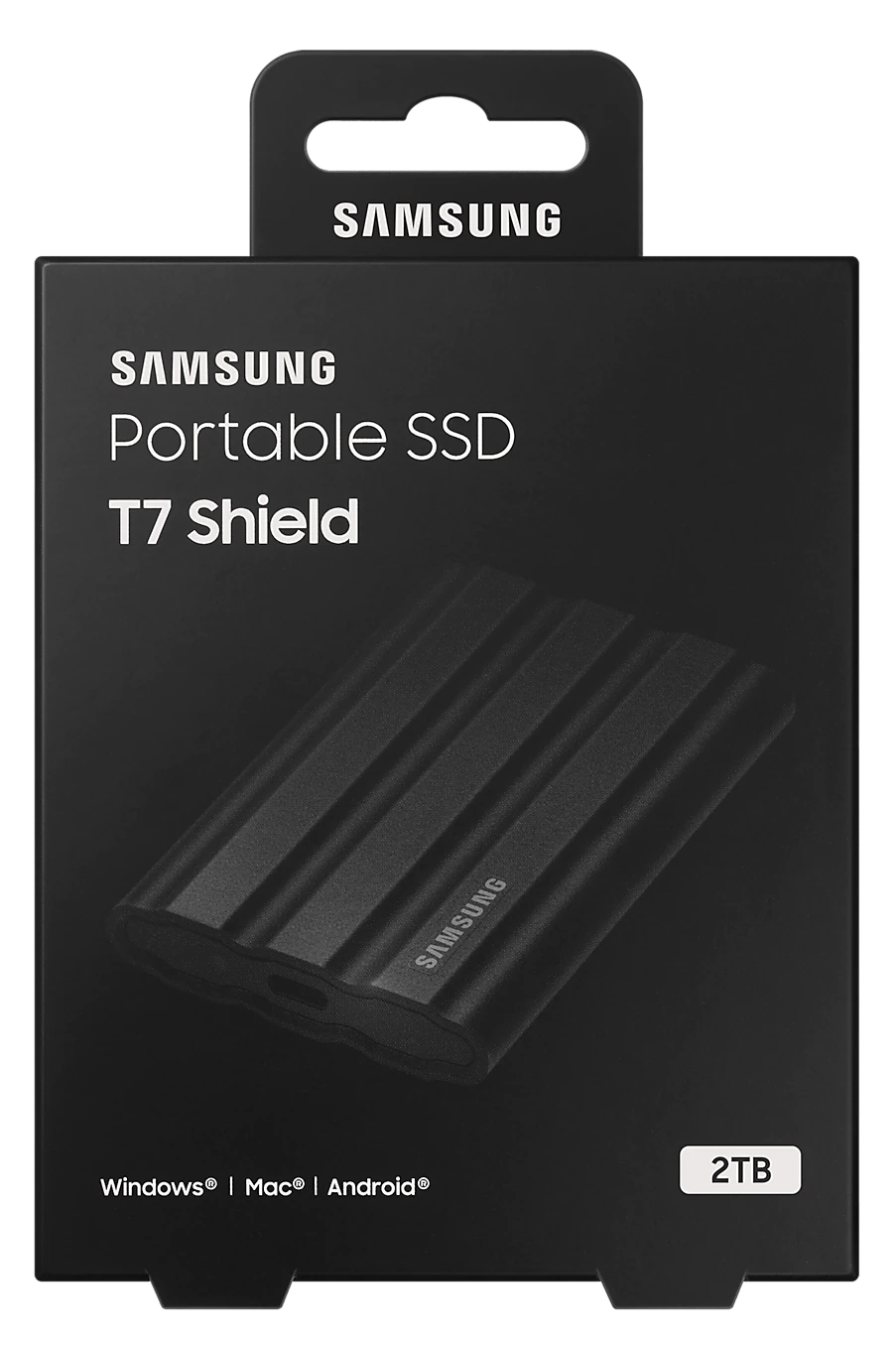 Fekete Samsung Portable SSD T7 Shield a dobozában, márkajelzéssel és kapacitási információkkal.