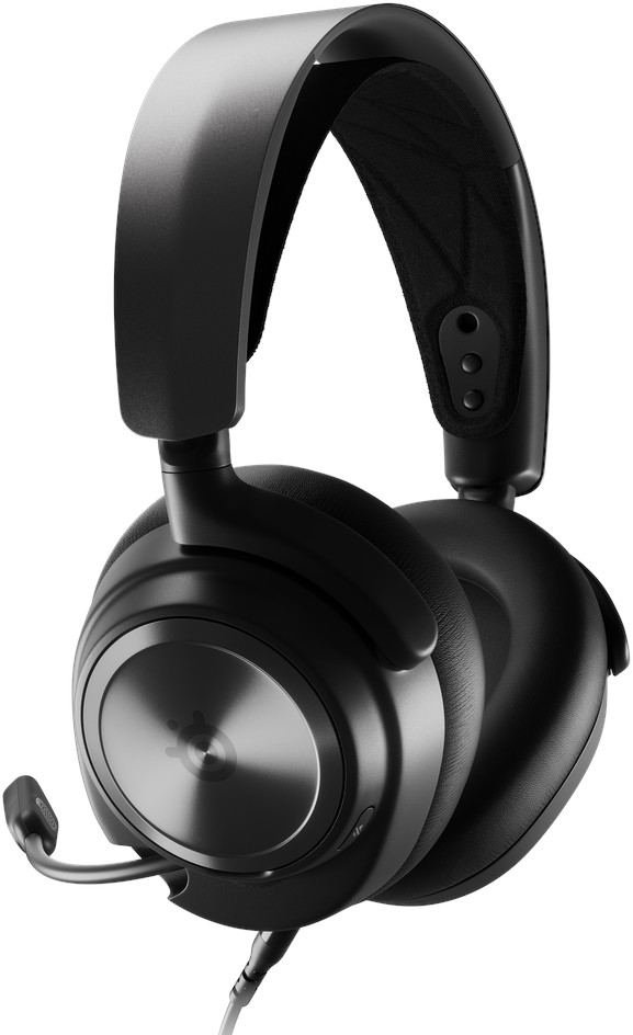 Black SteelSeries gaming headset with a microphone and a silver circular accent.