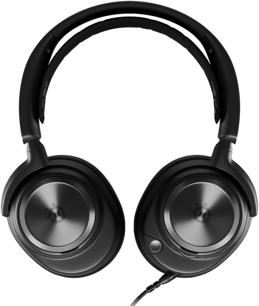 Black over-ear headphones with a microphone and a wire.