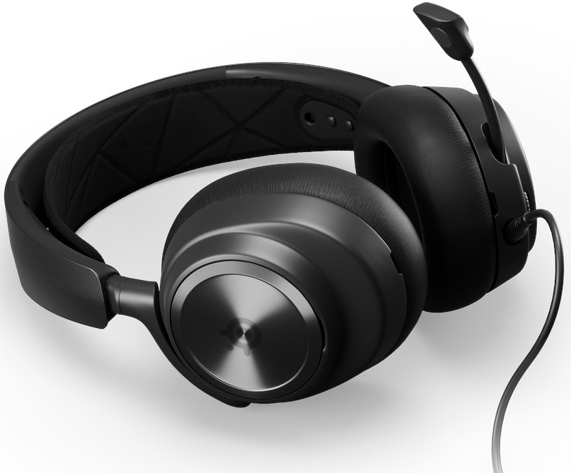 Black over-ear headphones with a microphone. SteelSeries logo visible on the ear cup.