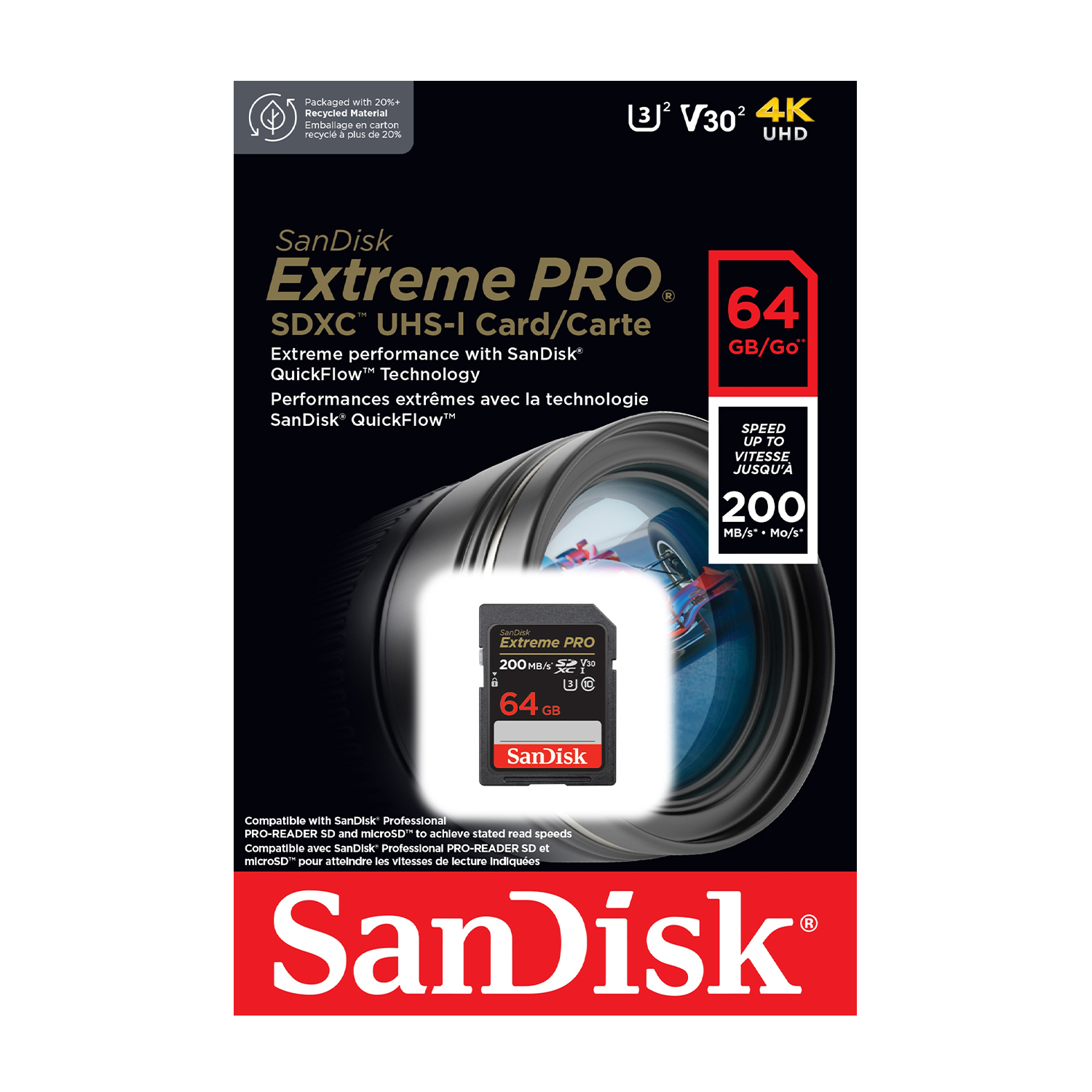 Confezione scheda SD Sandisk Extreme Pro con scheda da 64 GB e obiettivo della fotocamera sullo sfondo.
