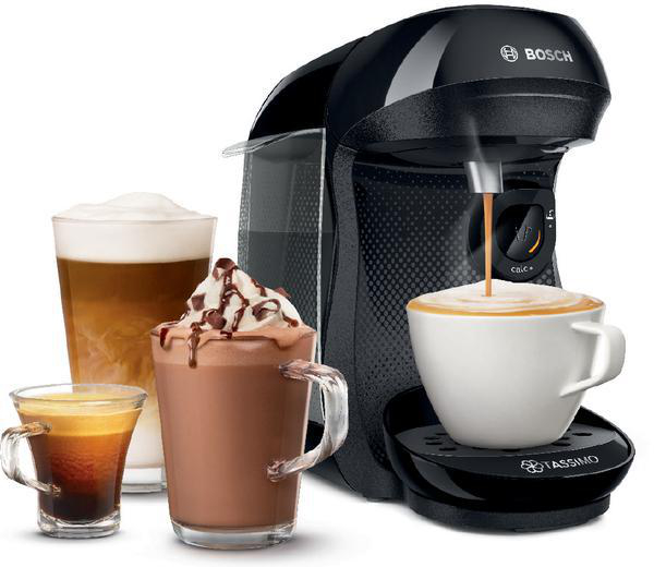 Eine schwarze Kaffeemaschine mit Cappuccino- und Latte-Gläsern daneben.
