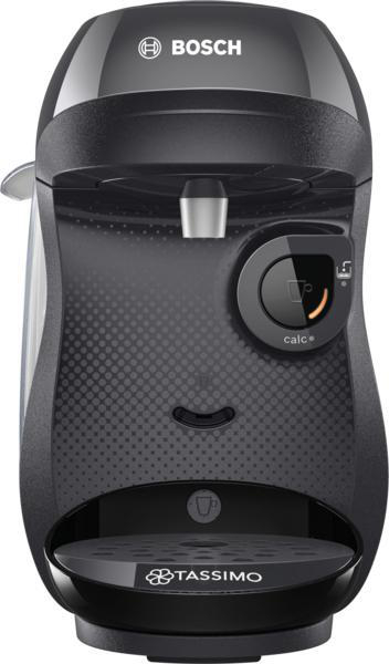 Schwarze Bosch Tassimo Kaffeemaschine, Vorderansicht, mit einer Tassenikone.