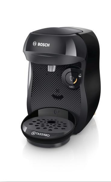 Schwarze Tassimo Kaffeemaschine auf weißem Hintergrund. Tassimo Logo sichtbar.