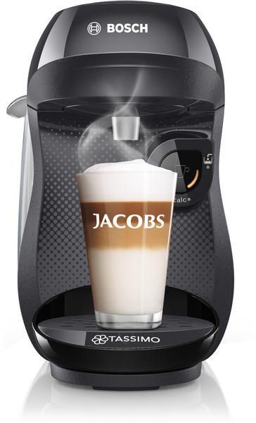 Eine schwarze Bosch Tassimo Kaffeemaschine mit einer Tasse Kaffee mit Jacobs-Logo.