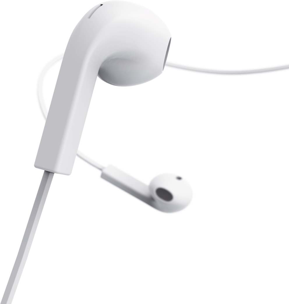 Weiße Ohrhörer mit weißem Kabel, vor schwarzem Hintergrund abgewinkelt.