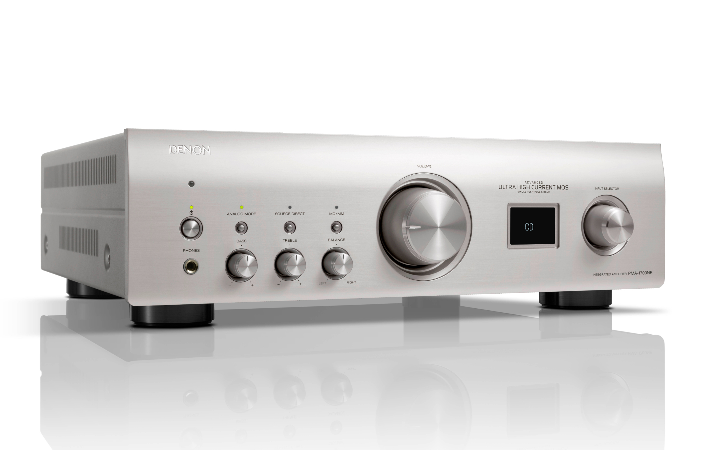 Silberner Stereo-Verstärker mit mehreren Knöpfen und Tasten.