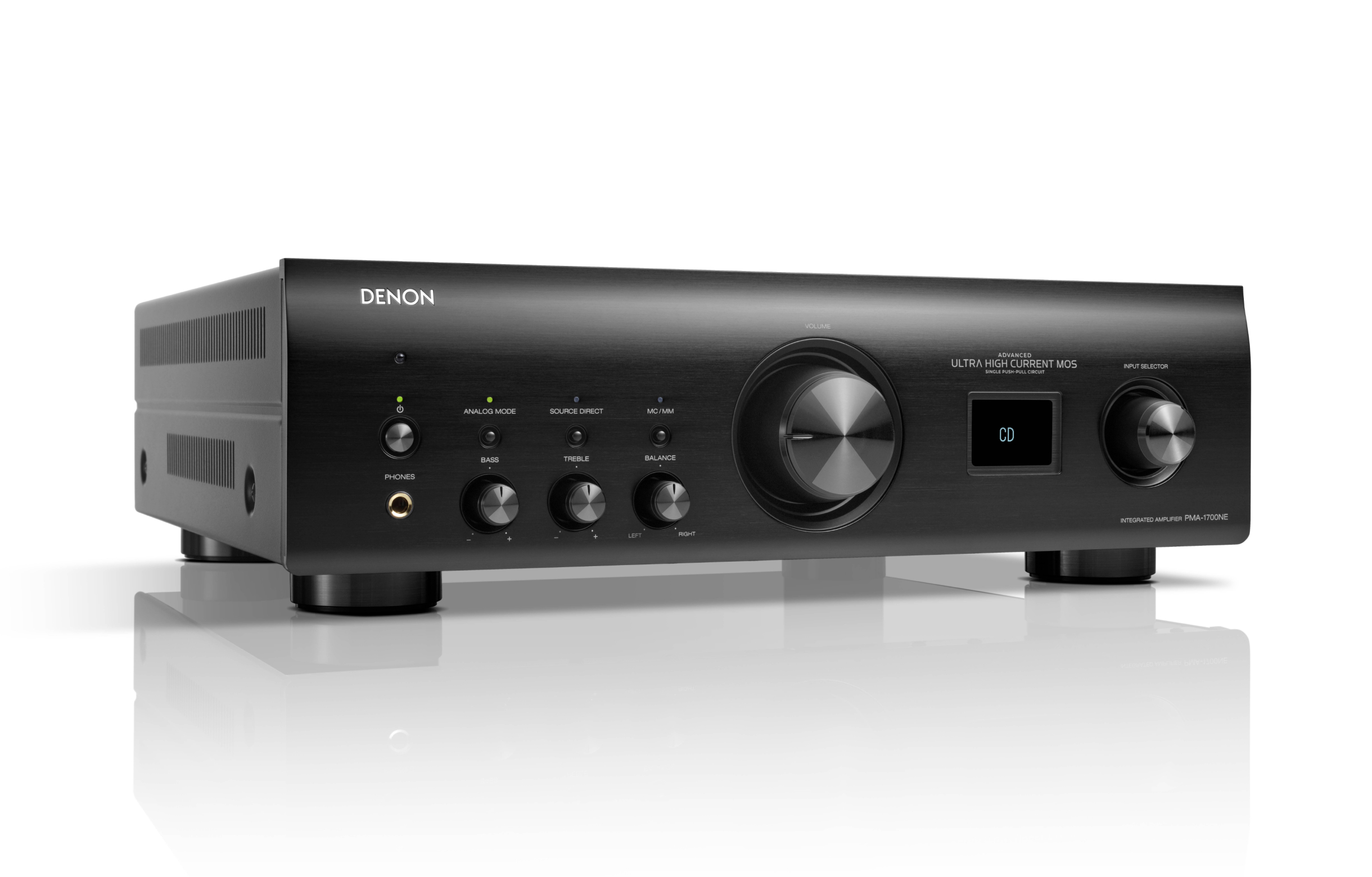 Schwarzer Audioverstärker mit Bedienknöpfen. Er hat einen CD-Schlitz und ein digitales Display. Die Marke Denon ist sichtbar.