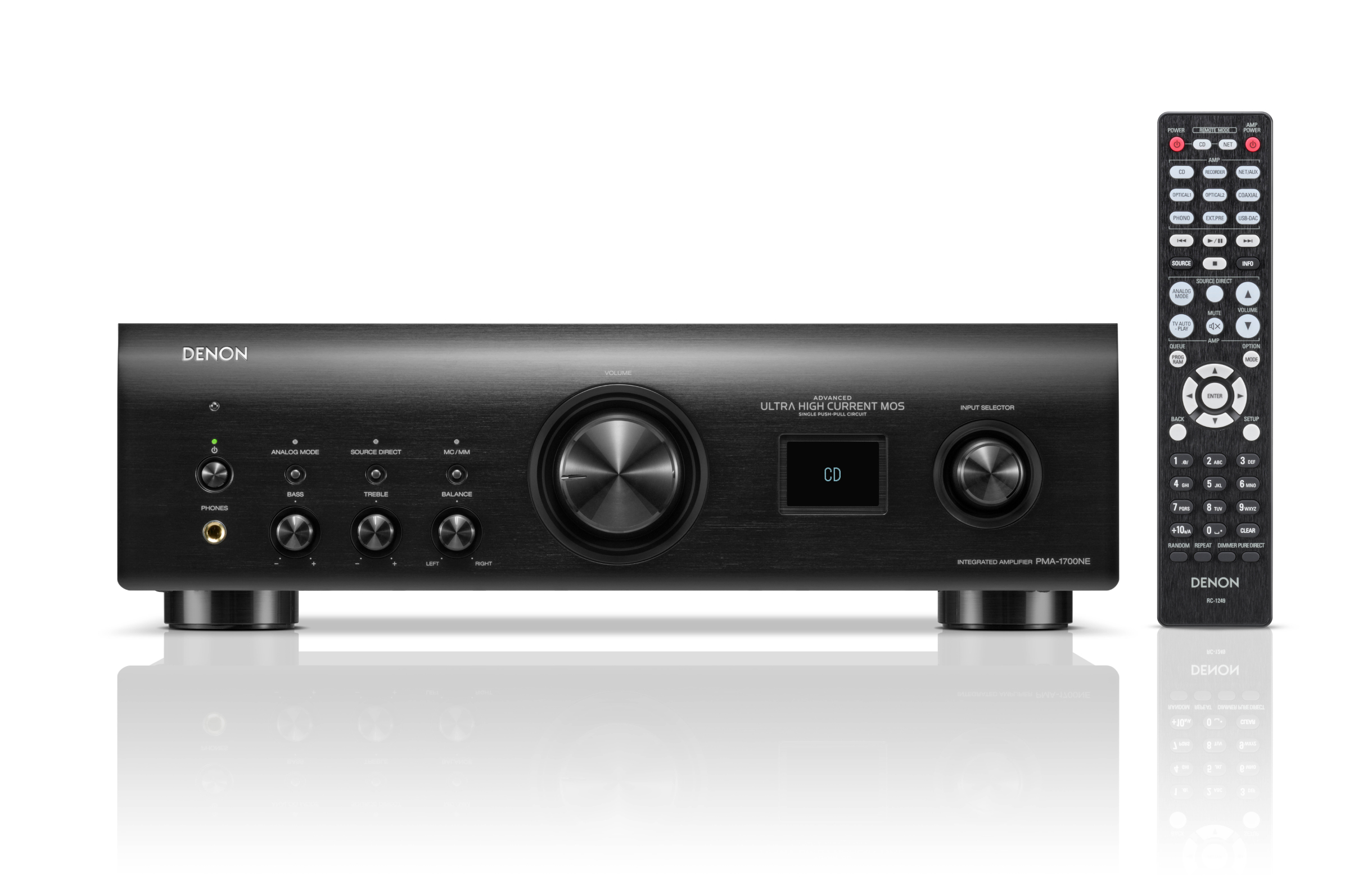 Denon Verstärker mit Fernbedienung. Schwarz mit Display, Knöpfen, Tasten und Fernbedienung.