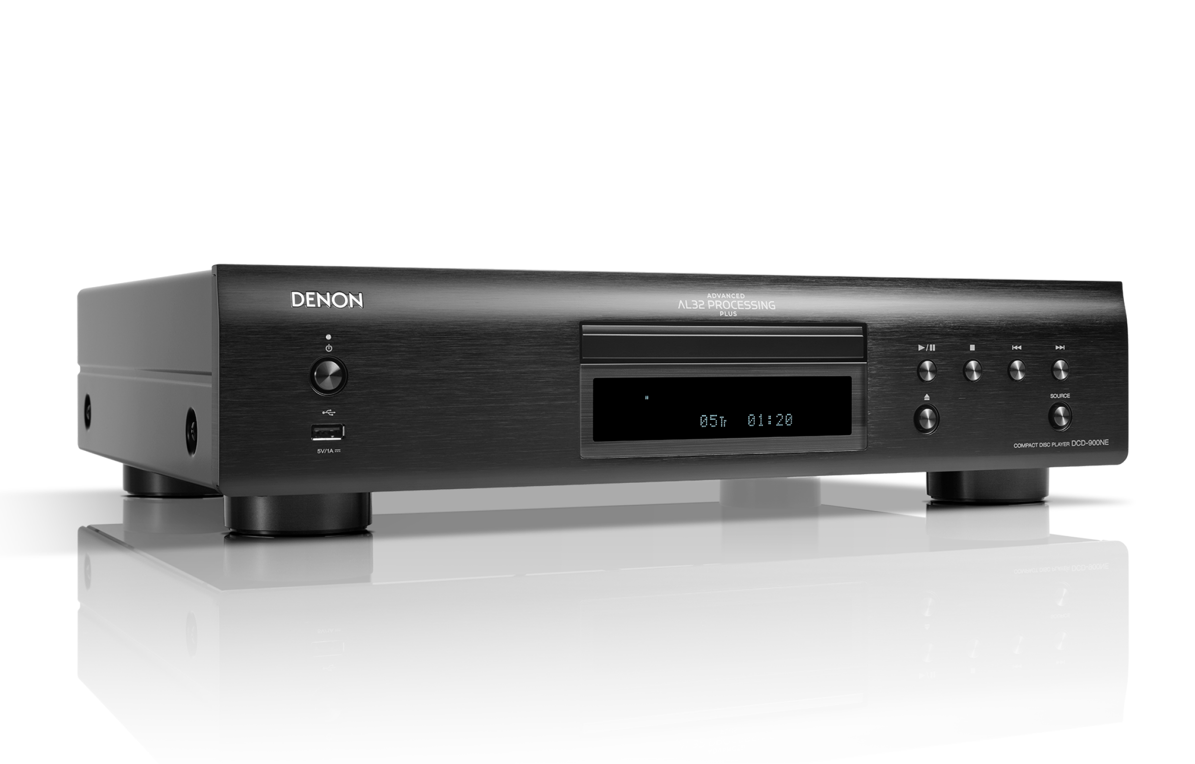 Ein schwarzer Denon CD-Player auf weißer Oberfläche, mit Zeitanzeige.
