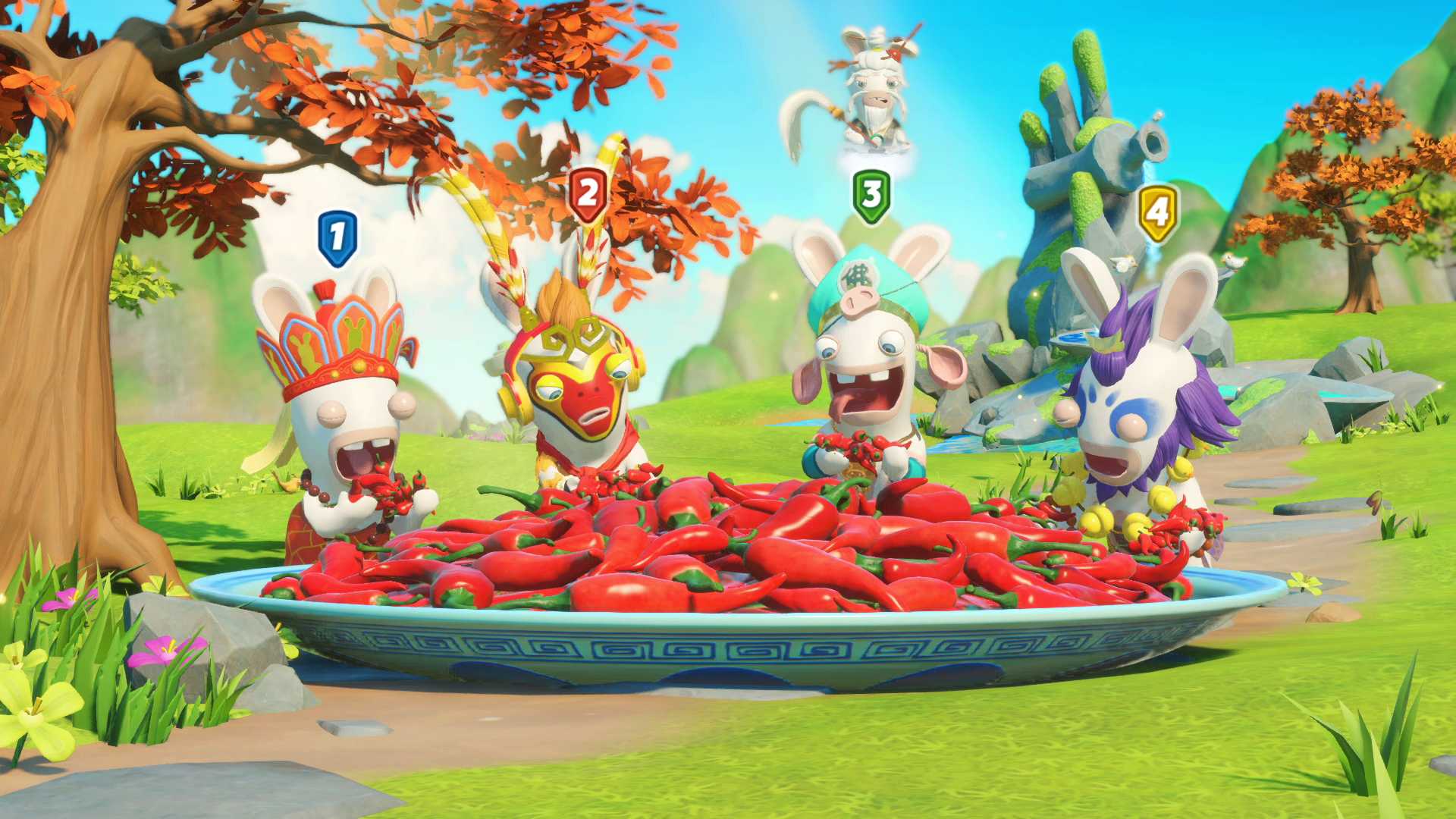 Vier Rabbids in een kleurrijke scène met chilipepers. Genummerde labels erboven.
