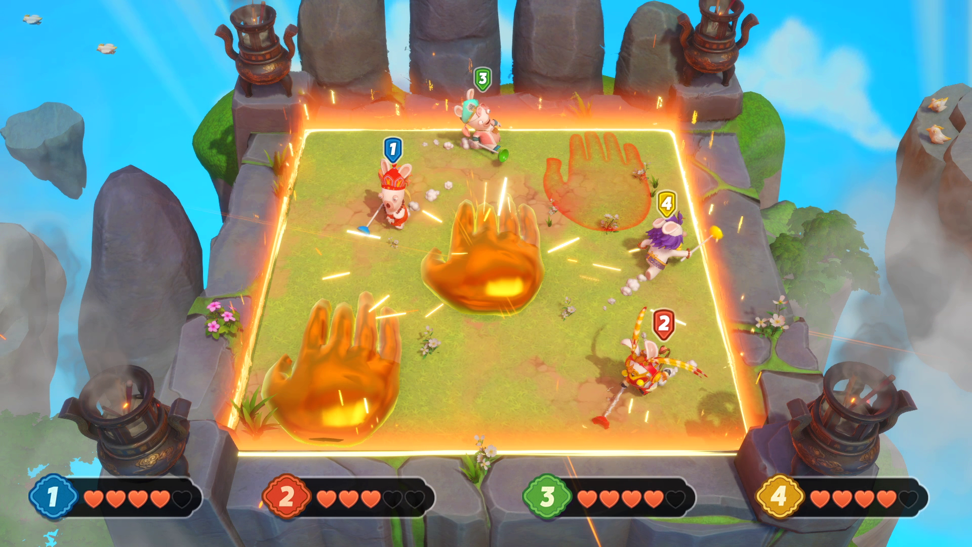 Bovenaanzicht van een spel met cartoonfiguren op een stenen platform.