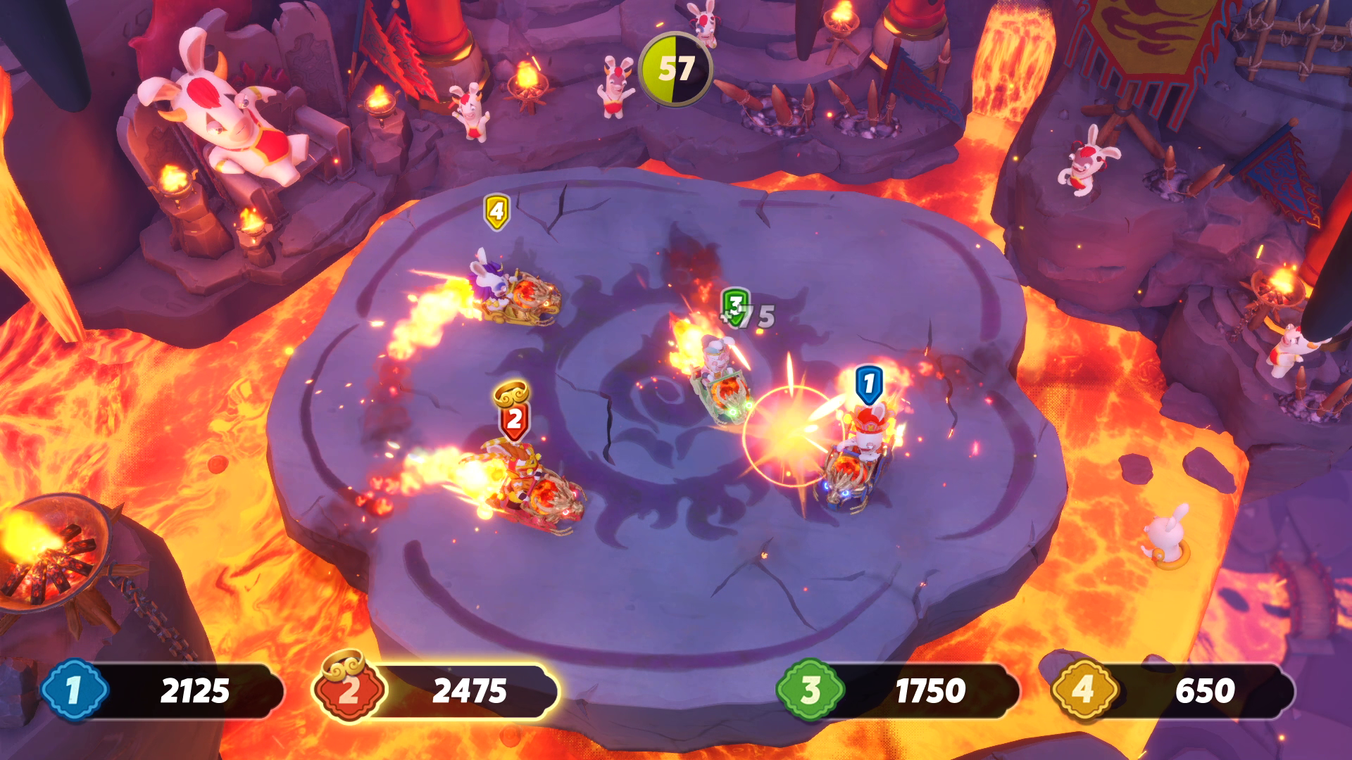 Een spelscène met Rabbids op boten in lava, genummerd. Lava- en vuurvisuals.