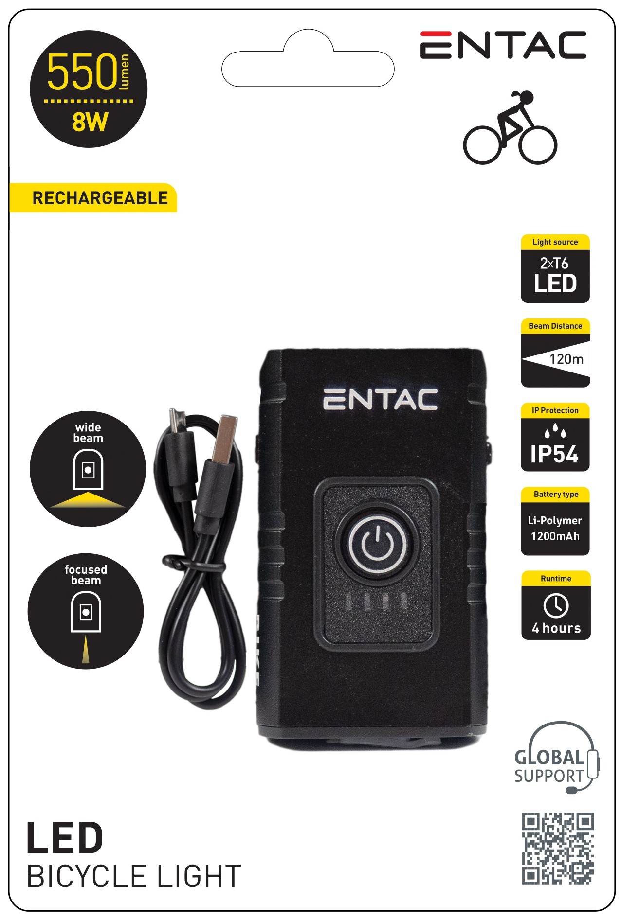 Fekete kerékpár LED-es lámpa USB kábellel és ENTAC márkanévvel.