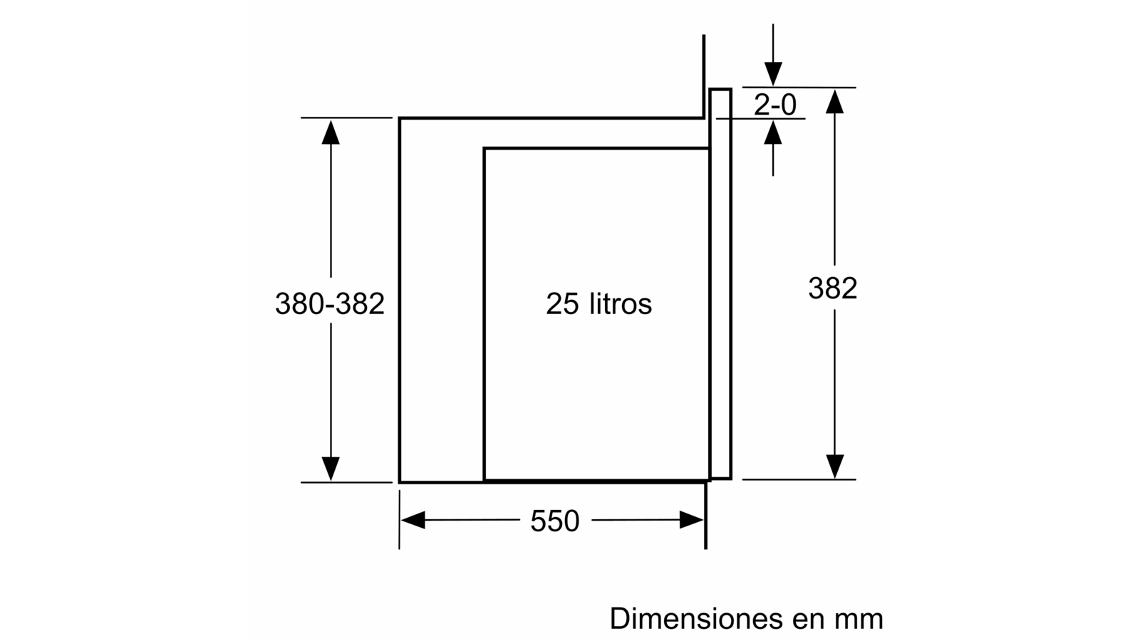 Dibujo técnico con dimensiones de un objeto rectangular.