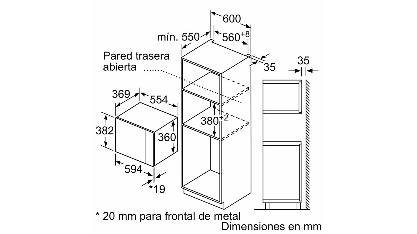 Dibujo técnico con dimensiones de un horno microondas empotrado y el armario circundante.
