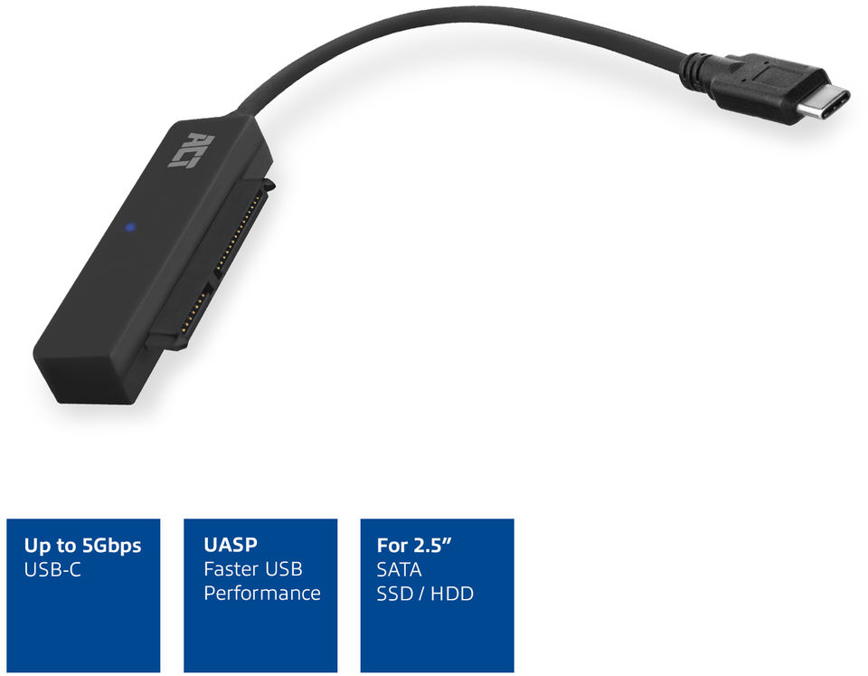 Câble adaptateur ACT USB-C vers SATA noir. Texte : Jusqu'à 5 Gbit/s USB-C, UASP et 2,5" SSD/HDD.