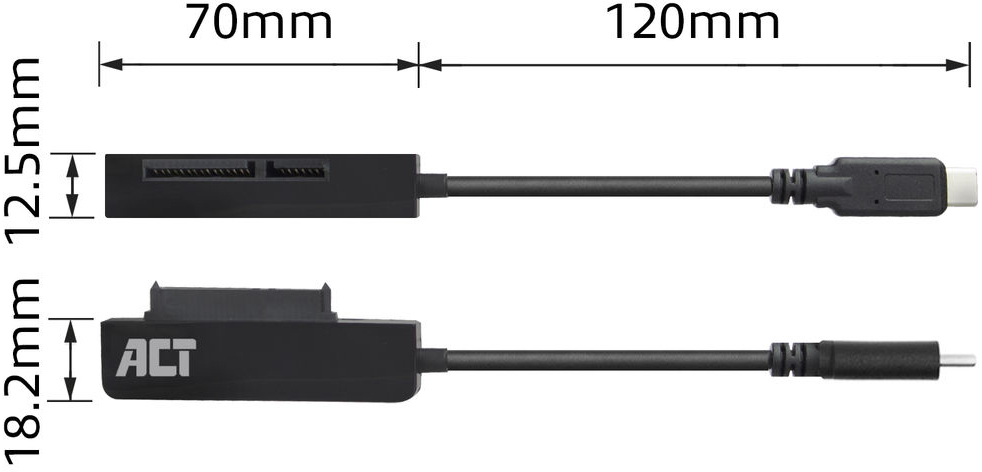 Câble adaptateur noir avec mesures. Deux parties d'un câble noir et mesures : 70 mm et 120 mm.
