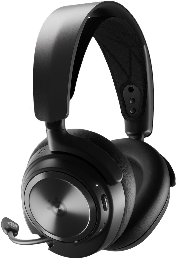 Black SteelSeries Arctis Nova Pro wireless gaming headset with a mic. The headset has control buttons.