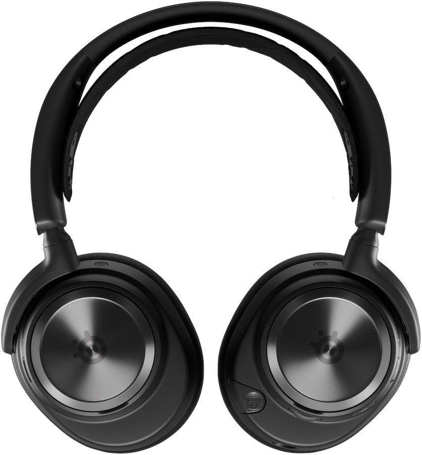 Black over-ear headphones. Metallic ear cups. SteelSeries logo.