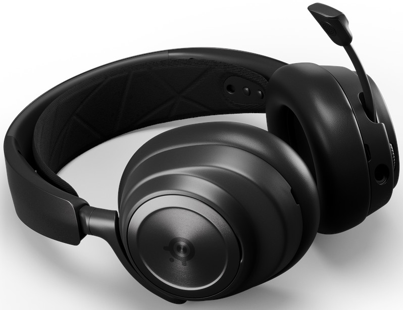 Black headphones with a microphone. The left earcup is visible. The background is white.