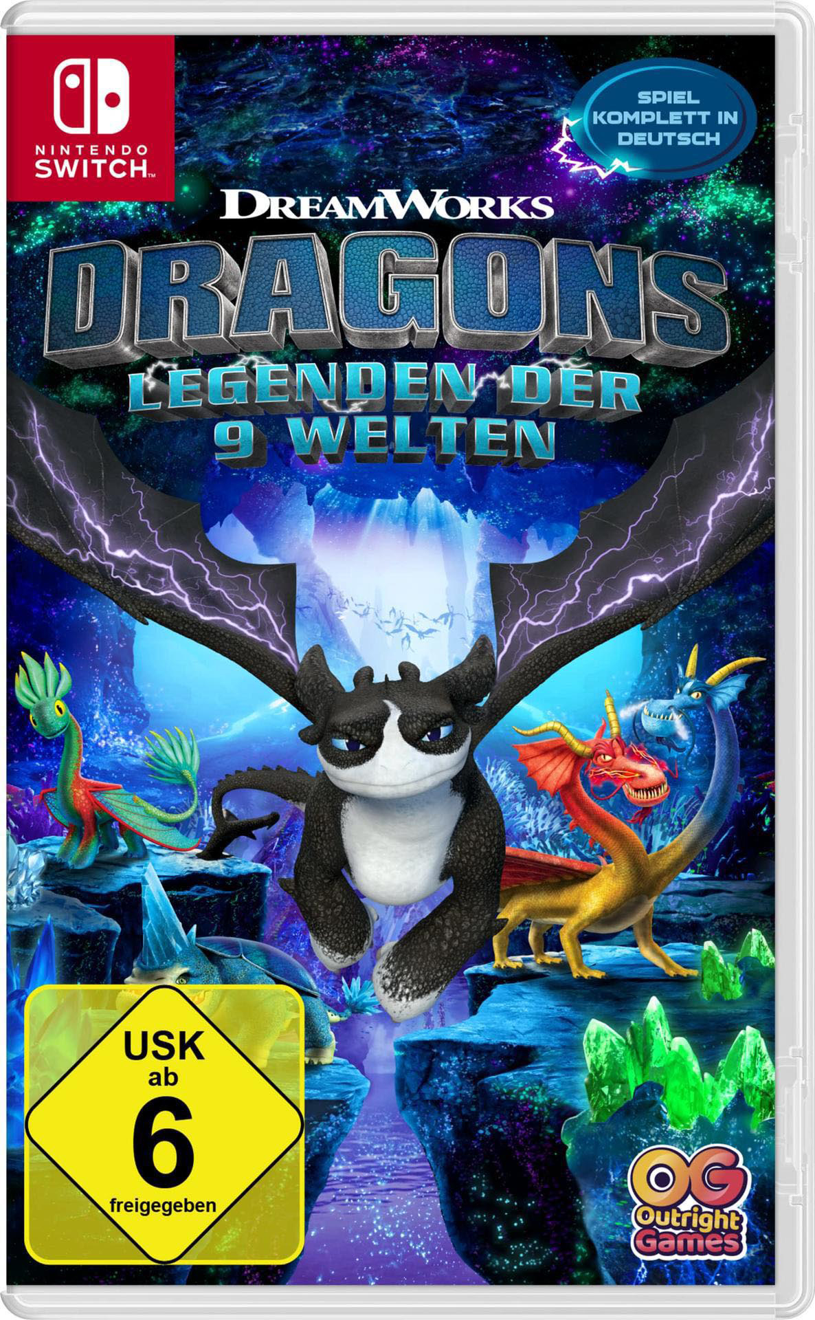 Nintendo Switch-Spielhülle für 'Dragons Legends of the 9 Worlds'. Enthält Drachencharaktere und Spiel-Branding.