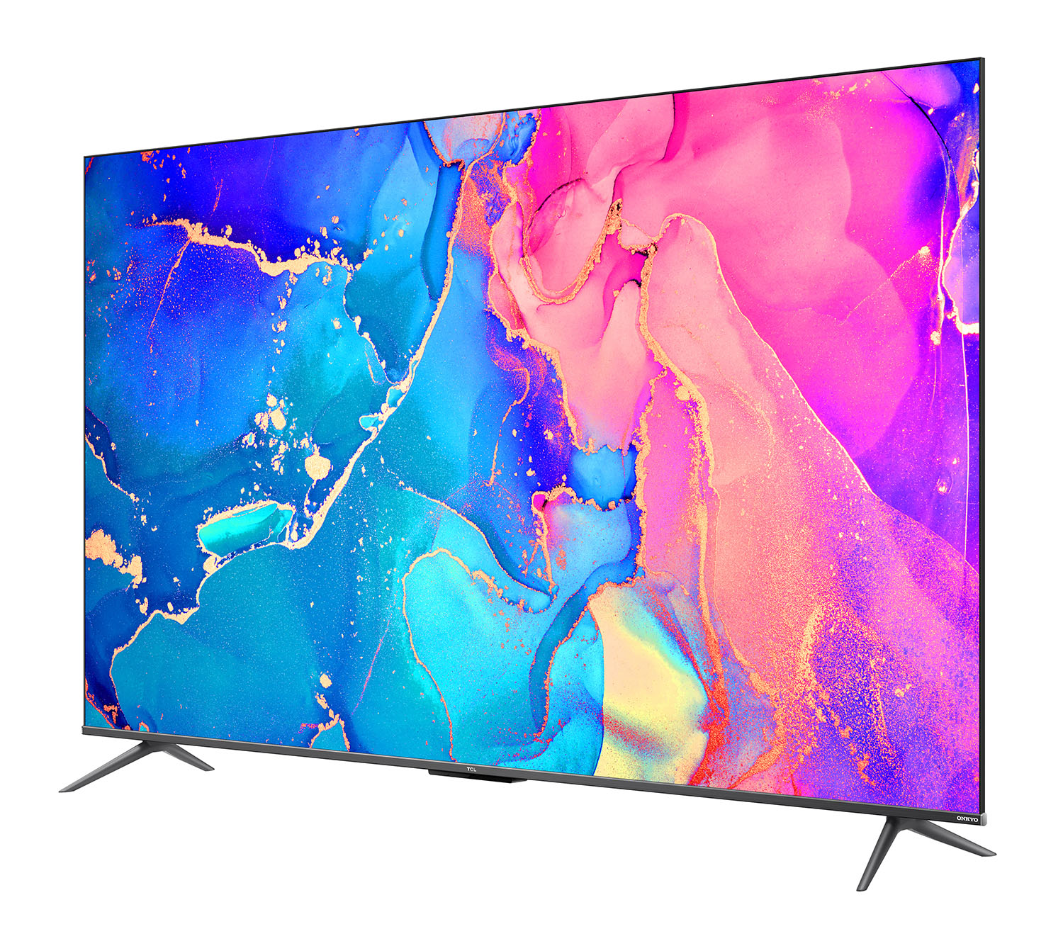 Grootbeeld-tv met een kleurrijk abstract kunstdisplay. De tv heeft dunne poten.