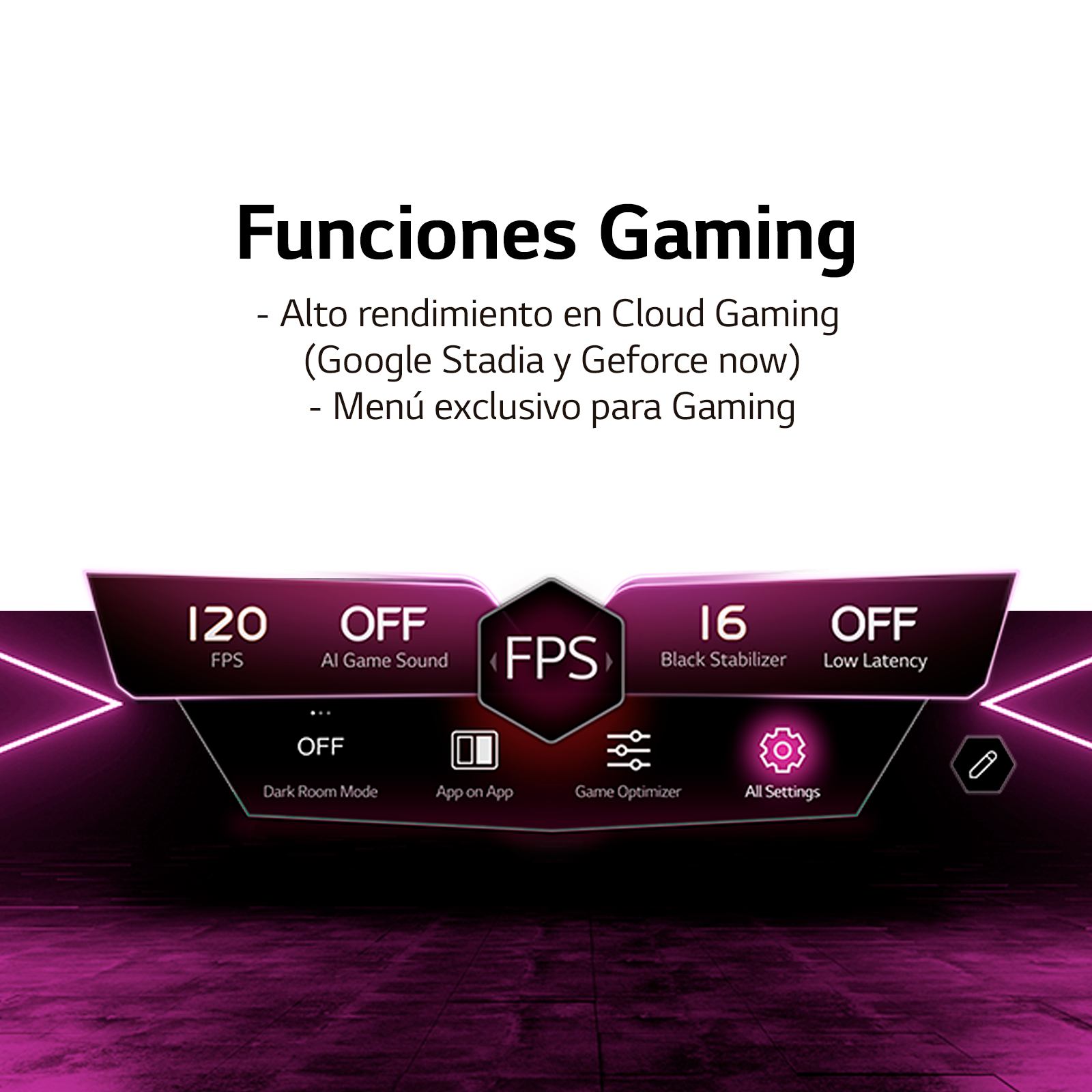 Gráfico de funciones de juego con texto, iconos y líneas de neón rosa. Texto en español.