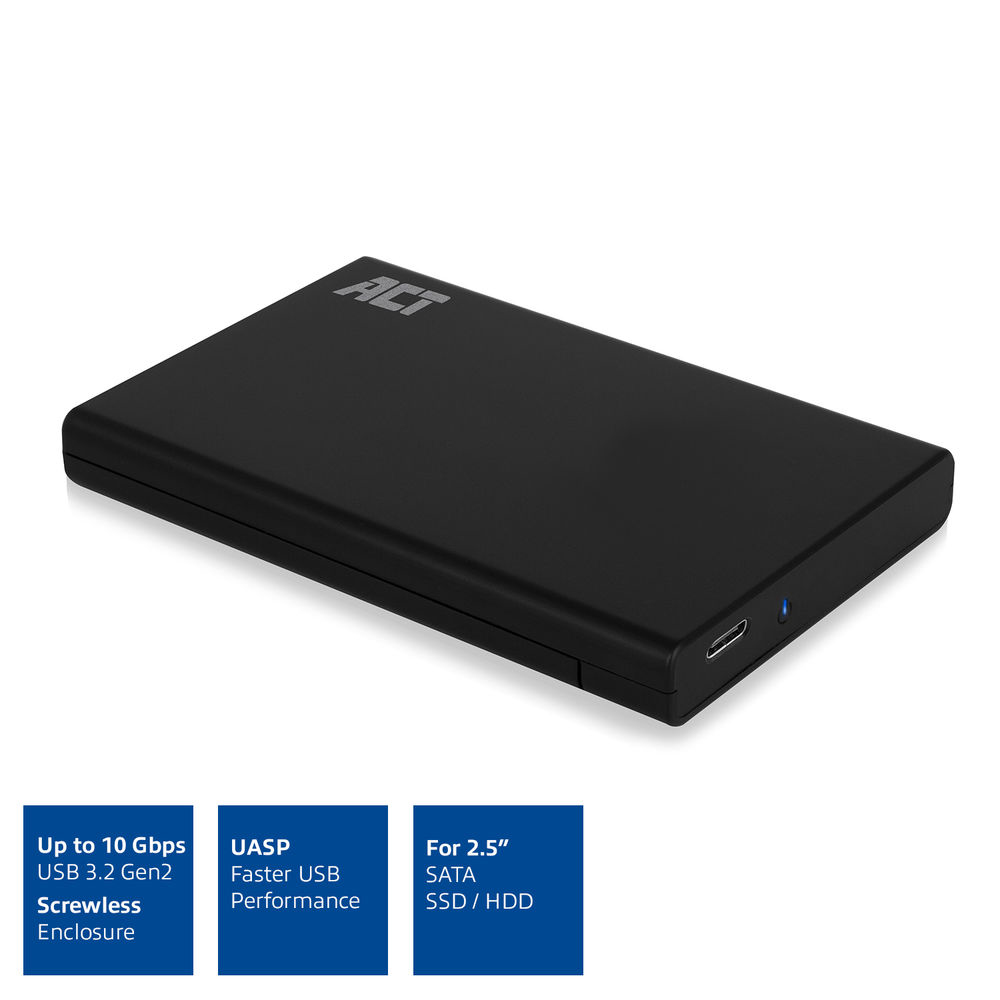 Disque dur externe noir avec informations produit. Fond blanc et texte bleu.