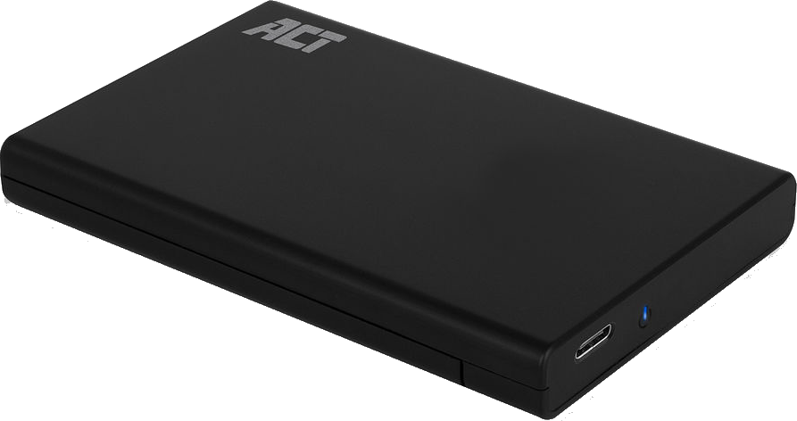 Disque dur externe noir avec logo ACT argenté, isolé sur fond noir.